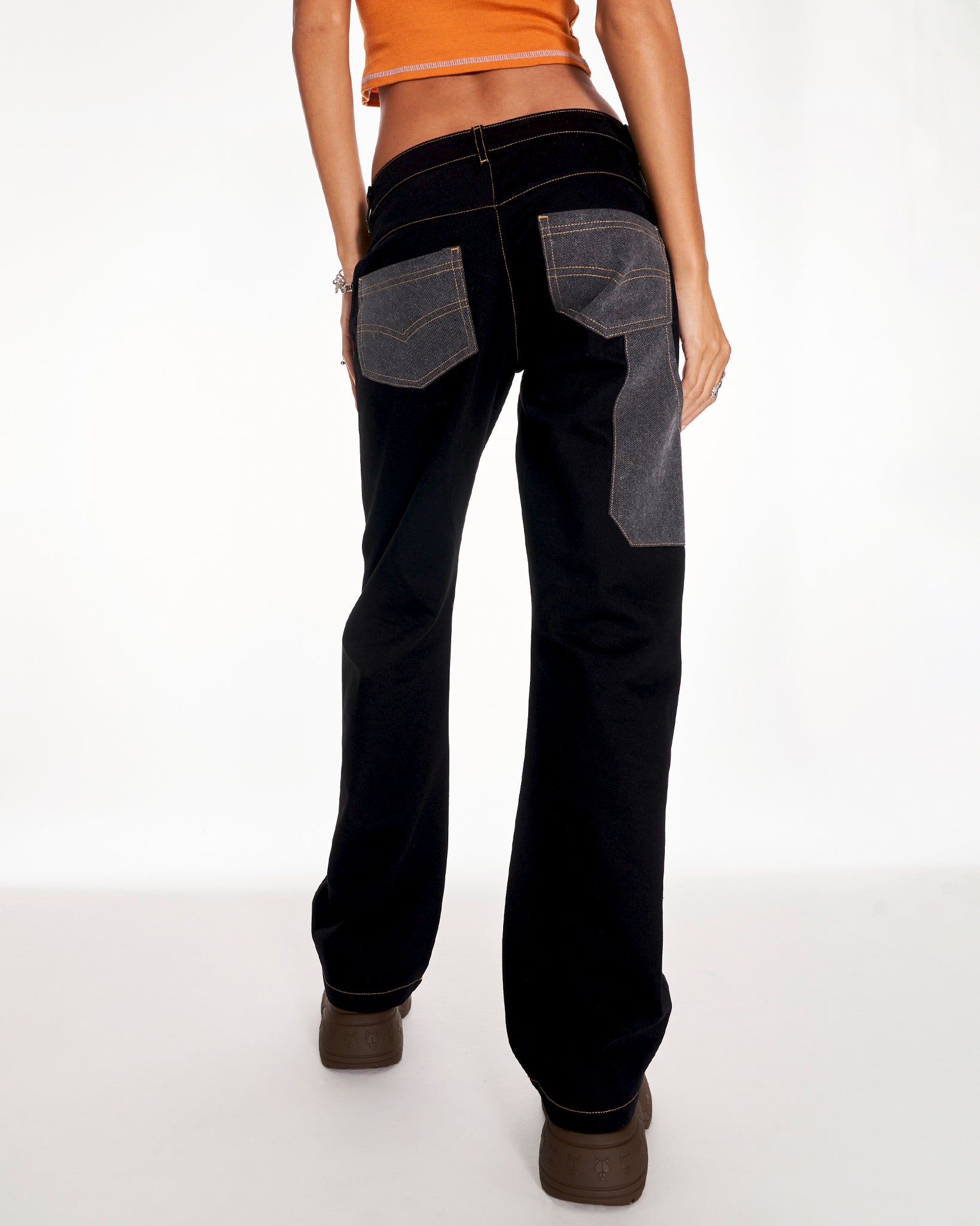 Higuchi Low Rise Straight Leg Jeans In Blue and Grey Contrast